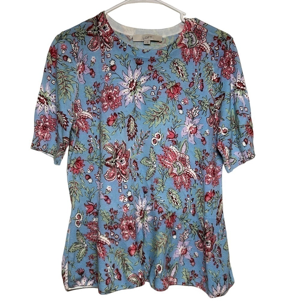 LOFT Womens Blue Floral Short Sleeve Lightweight Ribbed Trim Sweater Size S